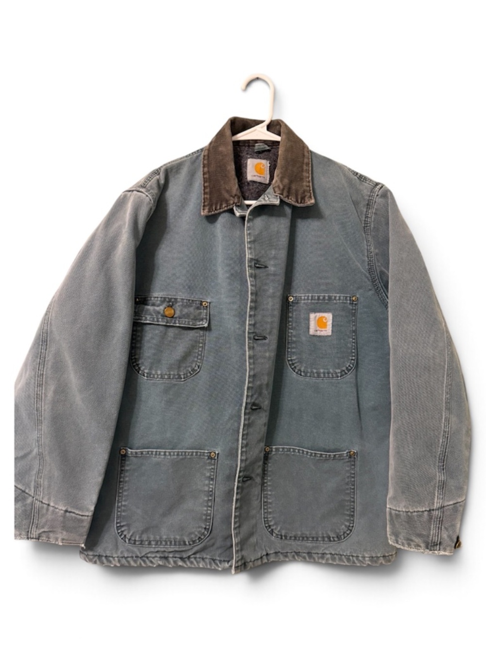CARHARTT 1990s Vintage Blanket Lined Chore Coat Jacket Corduroy Collar Blue